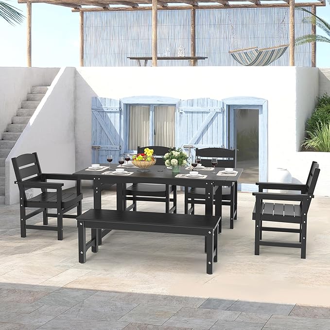 6-Piece HIPS Patio Dining Set, Outdoor Dining Table and Chairs Set with Umbrella Hole, Weatherproof Dining Table Set for 6 Person, Patio Furniture Set for Outside Deck, Black