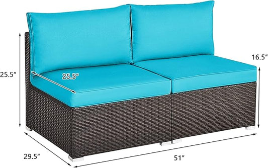 DORTALA 2 Piece Wicker Sectional Armless Chairs, Outdoor Rattan Sectional Sofa Set w/Cushions for Seat and Back, Additional Seats for Garden Balcony Patio Poolside, Turquoise