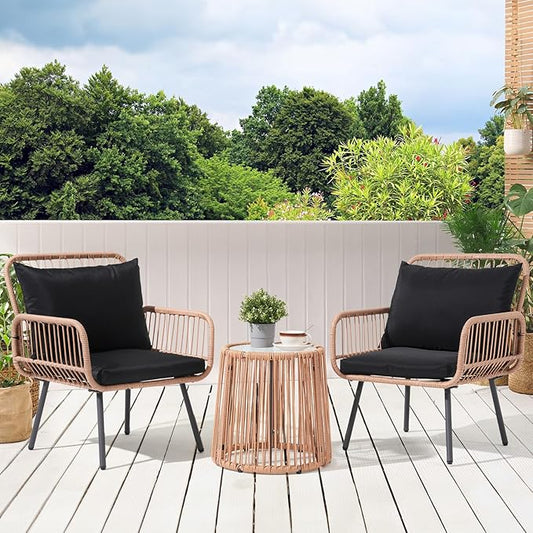 Verano Garden 3 Pieces Patio Bistro Sets, Outdoor Wicker Balcony Furniture Sets,Patio Rattan Furniture Set with Round Glass Table for Porch,Lawn,Garden,Backyard (Black, 3 PCS Set)