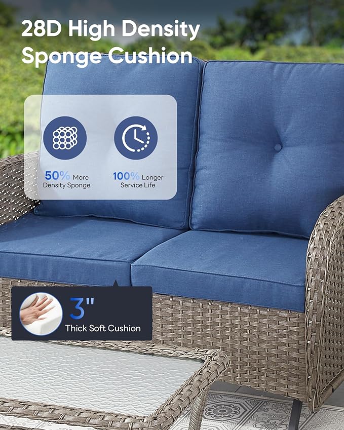 Outdoor Glider Bench-2 Seater Patio Glider Loveseat with High Back and Deep Seating Outdoor Couch for Deck Porch Garden Balcony Poolside-Grey/Blue