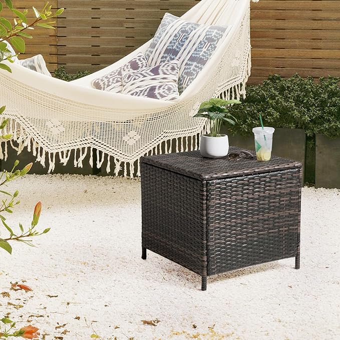 Outvita Outdoor Side Table, Rattan Coffee Table with Storage 27 Gallon Patio Small Deck Storage Box for Cushion Towel Books, Brown Side Table with lid
