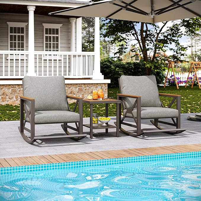Rocking Bistro Set, 3-Piece Patio Conversation Set, Galvanized Frame Patio Rocking Chairs Set of 2 with Coffee Table and Thickened All-Weather Cushion(Grey)
