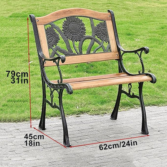 Outdoor Garden Bench, Weatherproof Park Bench, 1-Person Patio Bench with Backrest, Wood & Cast Iron