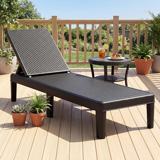 Tangkula Outdoor Chaise Lounger Chair Set of 2, 4-Position Reclining Chair with Waterproof Rattan Textured PP Surface, 330 lbs Capacity & Easy Assembly for Pool Garden Deck Beach (Black)