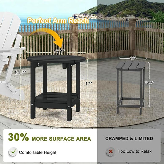 Set 2 Adirondack Outdoor Side Tables, 2-Tier Round Outdoor Table, Weather Resistant HDPE Patio End Table for Garden, Lawn, Pool, Beach, Porch, Deck, Backyard - Black