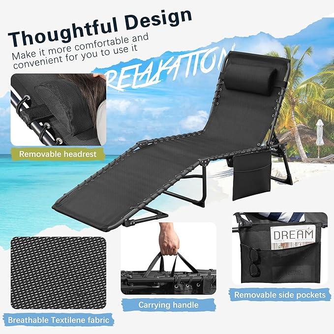 Greesum Chaise Lounge Folding Tanning Chair with 5 Position Adjustable Back, Detachable Pillow & Pocket Outside Pool, Beach, Sunbathing, Black
