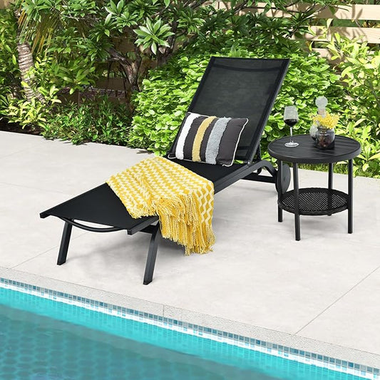 COSTWAY Outdoor Patio Chaise Lounge, 6-Position Adjustable Pool Lounger with Stable Aluminum Frame, Portable Sun Bathing Lounge Chair on Wheels for Backyard Garden, Black
