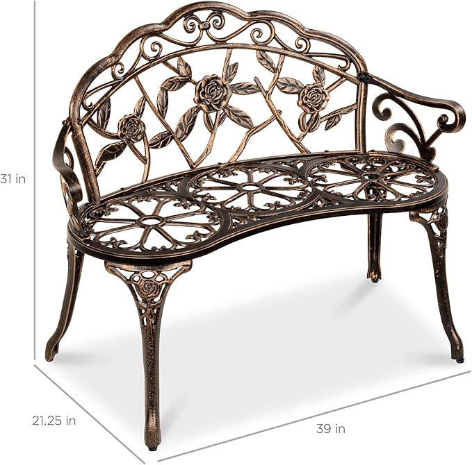 Best Choice Products Outdoor Bench Steel Garden Patio Porch Loveseat Furniture for Lawn, Park, Deck Seating w/Floral Rose Accent, Antique Finish - Bronze