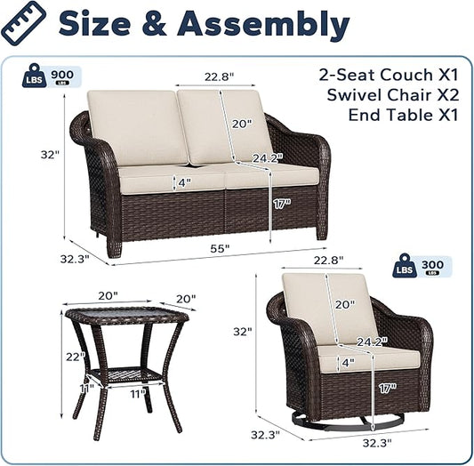 4 PCS Outdoor Conversation Set | 55" Couch, 2 Swivel Chairs, 1 Side Table, Patio Wicker Conversation Furniture with Removable Cushions for Bistro, Deck, Sunroom(Beige)