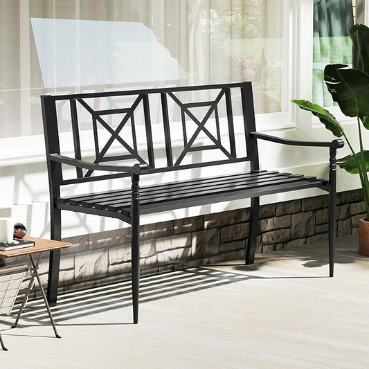 Tangkula Metal Outdoor Park Bench, Patio Garden Bench, Heavy-Duty Slatted Garden Bench for 2-3 People, Patio Park-Style Loveseat with Curved Armrests, Outdoor Seating for Backyard, Lawn, Porch