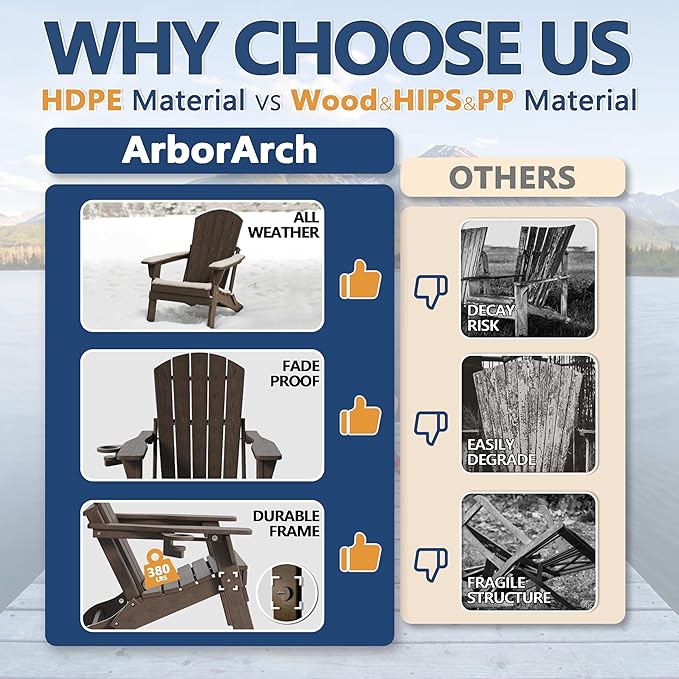 Folding Adirondack Chair Set of 4 with Cup Holder, HDPE All Weather Resistant Plastic Outdoor Patio Chairs, Heavy Duty Fire Pit Seating for Backyard Lawn Garden, Wooden Textured Design(Coffee)