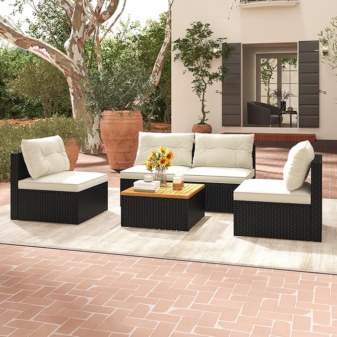 Tangkula 5 Piece Rattan Sofa Set, Patiojoy Outdoor Wicker Furniture Set with Seat & Back Cushions, Square Coffee Table, Patio Sectional Sofa Set for Backyard, Poolside, Garden