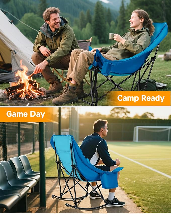 Slsy Oversized Rocking Camping Chair for Adults, 400 lbs Heavy Duty Padded Recliner with Side Pocket, Cup Holder & Carry Bag, Foldable Outdoor Lawn Chair for Patio, Backyard, or Camp