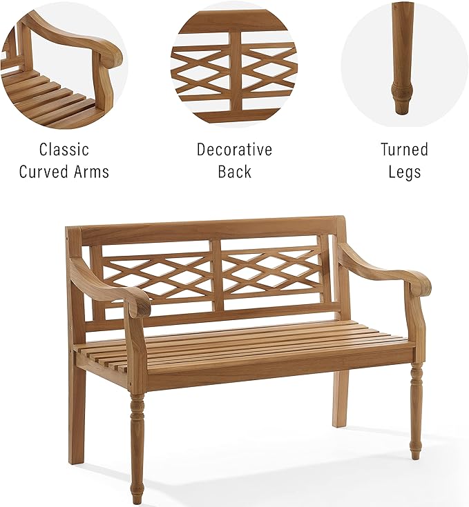 Crosley Furniture Olivier 2-Person Teak Wood Indoor Outdoor Bench for Outside Patio, Garden, Porch, Teak
