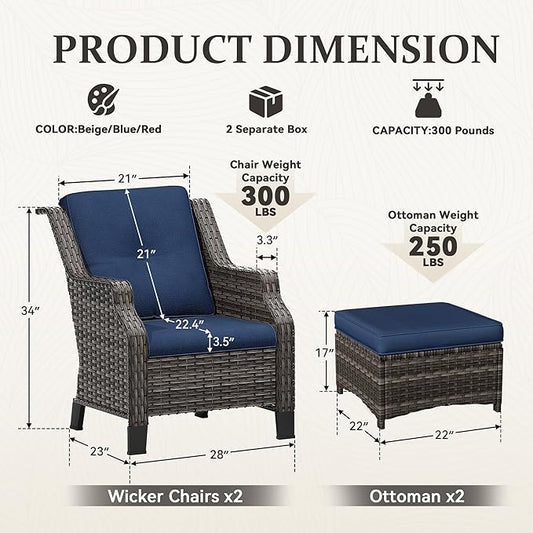 Wicker Patio Furniture Set - 4 Piece Rattan Outdoor Conversation Sets with 2 Wicker Patio Chairs,2 Ottomans for Garden, Backyard, Balcony and Deck