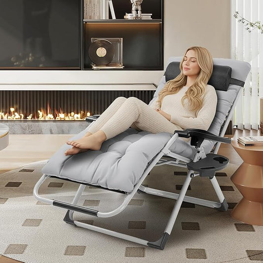 VINGLI 29" Padded Zero Gravity Chair, Lounge Chair with Removable Cushion & Tray, Folding Reclining Patio Chairs, Recliner Chair for Lawn,Indoor Outdoor-Grey