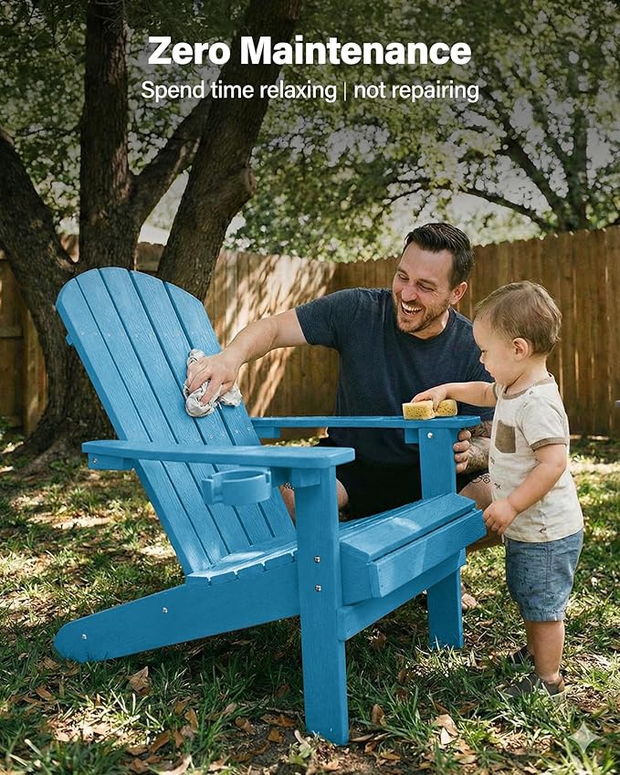 YEFU Adirondack Chairs Set of 2 Plastic Weather Resistant, Outdoor Chairs with Cup Holder, Like Real Wood, Widely Used in Outdoor, Patio, Fire Pit, Deck, Outside, Campfire Chairs (Blue)