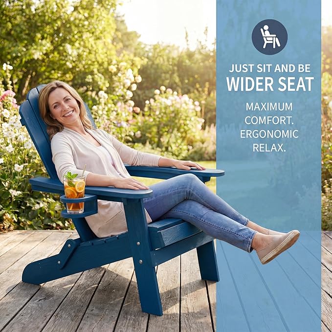 JEKO&JEKO Folding Adirondack Chairs Set of 2, All-Weather Outdoor Chair with Cup Holder, Plastic Adirondack Chair for Patio, Garden, Lawn, Porch, Deck, Backyard – Navy Blue