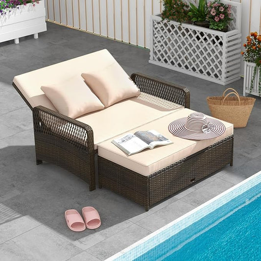 LDAILY Moccha Outdoor Daybed, PE Rattan Double Chaise Lounge w/ 4-Level Adjustable Back, Storage Ottoman, Cushions & Pillows, Separated Seating, Wicker Sunbed for Garden Patio Furniture Set (Beige)