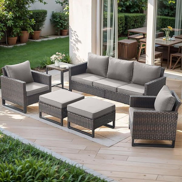 Rilyson Wicker Outdoor Patio Furniture Set - 6 Piece Patio Conversation Set with 2 Armrest Chairs, 2 Rattan Ottoman - Photo 1