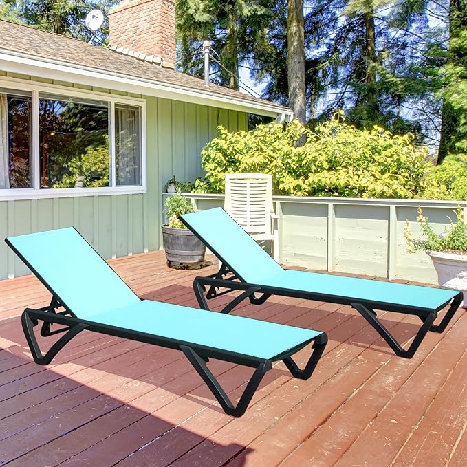 Domi Patio Lounge Chairs Set of 2, Aluminum Pool Chaise Lounge with 5 Position Adjustable Backrest and Wheels, Outdoor Lounge Chairs for Pool, Garden, Beach, Backyard, Turquoise Blue
