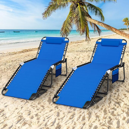 Giantex 2-Pack Lounge Chair Outdoor, Folding Tanning Chair with 4 Adjustable Positions, Removable Headrest, Footrest, Side Pocket, 440 Lbs Portable Recliner for Lawn, Yard, Beach, Sunbathing, Navy