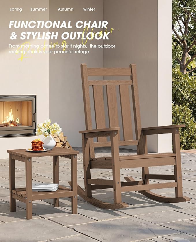 KINGYES Oversized Outdoor Rocking Chair Set of 8, All-Weather Patio Rocking Chairs for Porch, HDPE Outdoor Patio Rockers with High Back & Wide Seat for Garden, Lawn, Brown