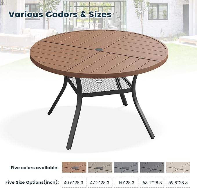 Patio Dining Table for 4, Round Metal Outdoor Table with Storage Shelf, 1.57" Umbrella Hole, 41" Outdoor Quartered Tabletop Dining Table for Backyard, Porch, Lawn, Walnut