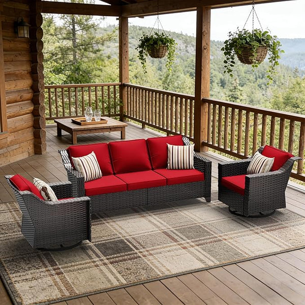 3 Pieces Patio Conversation Furniture Set - 1 Sofa, 2 Swivel Chairs - Photo 1