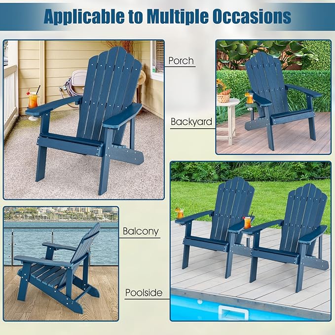 Giantex Outdoor Adirondack Chair - Oversized Patio Chairs w/Hidden Cup Holder, Realistic Wood Grain, 380 LBS Weight Capacity, Weather Resistant Firepit Chairs for Backyard, Garden (1, Navy)