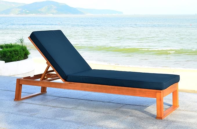SAFAVIEH Outdoor Collection Solano Natural Brown Solid Wood/Navy Blue Cushion Patio Adjustable Chaise Lounge Chair (PAT7024C)