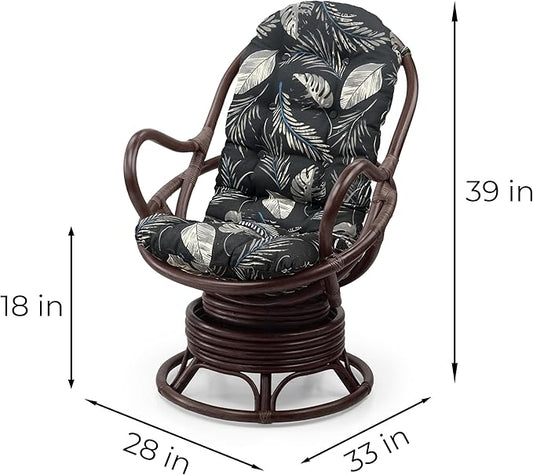 Wickerix Java Lounge Swivel Rocking Chair with Red Cushion Natural Rattan Wicker Handmade, Dark Brown Color
