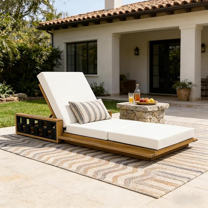 Merax Patio Chaise Lounge with 4-Position Adjustable Backrest, Acacia Wood Outdoor Sunbathing Recliner Chair & 4" Thick Triple-fold Cushion for Poolside, Garden, Backyard, Patio, Beige