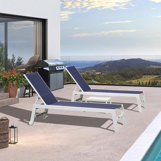 PURPLE LEAF Outdoor Chaise Lounge Set Adjustable Sunbathing Recliner with Side Table for Beach Poolside Patio Outside Aluminum Chaise Lounger Navy Blue