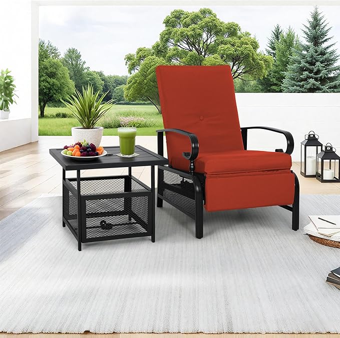 Incbruce 2 Pieces Outdoor Lounge Recliner Set, Adjustable Metal Recliner Sofa Chair and Umbrella Stand Side Square Table Suitable for Garden, Pool, Yard (Red)