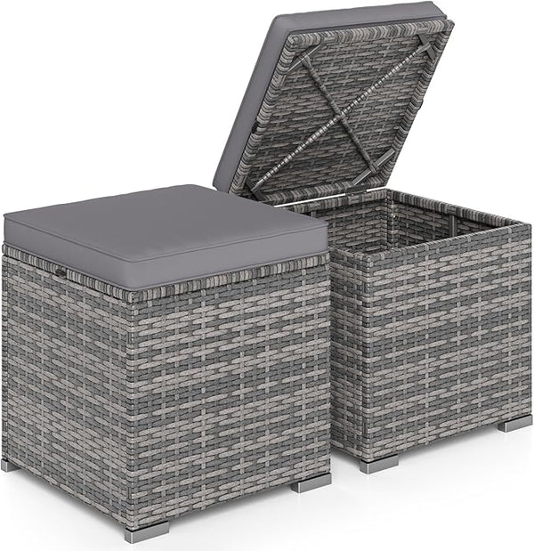 RELAX4LIFE Wicker Outdoor Storage Ottoman - 2-Piece Rattan Footstool w/Removable Cushion - Photo 1