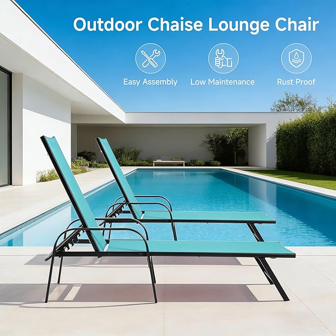DUMOS Foldable Chaise Lounge Chair, 5-Position Beach Lounge Recliner Chair with Armrests, Outdoor Sun Chairs with Metal Frame for Patio Backyard Poolside Seating, Blue