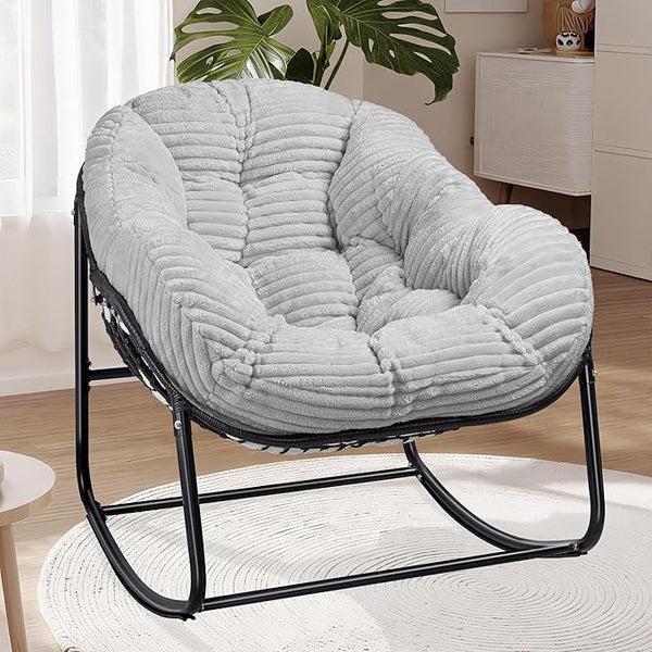 Indoor Rocking Chair, Oversized Outdoor Lounge Chair with Thick Corduroy Cushion & Straps - Photo 1