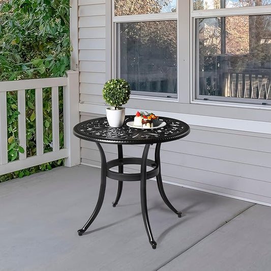 Bonnlo 23.6 Inch Cast Aluminum Outdoor Side Table with Umbrella Hole, Anti-Rust Coffee Bistro Table for Outdoor, Patio, Garden, Porch, Balcony End Table (Round, Black)