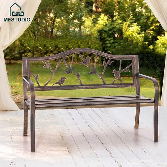 MFSTUDIO Outdoor Metal Bench Set of 2, 50" Outdoor Garden Bench, Patio Metal Frame Park Bench with Bird Pattern Backrest for Porch, Lawn, Deck, Bronze
