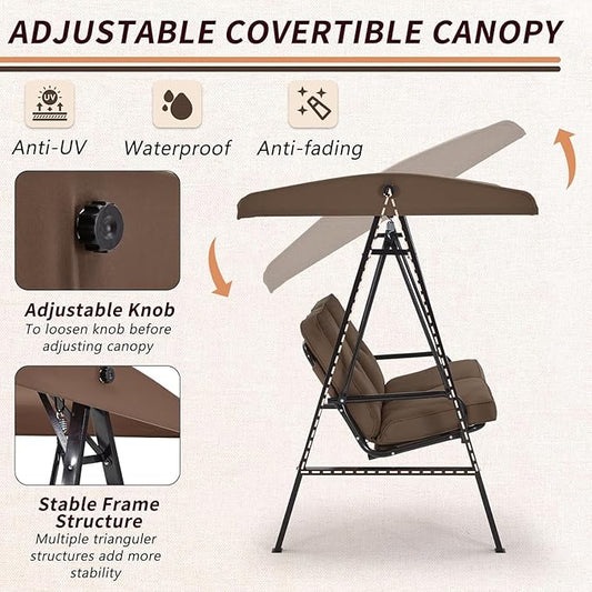 AECOJOY Outdoor Patio Swing Chair for Adults, 2-Seat Porch Swings with Adjustable Canopy, Outside Swing Bench with Removable Cushion, Suitable for Backyard, Garden, Yard, Poolside, Balcony,Brown