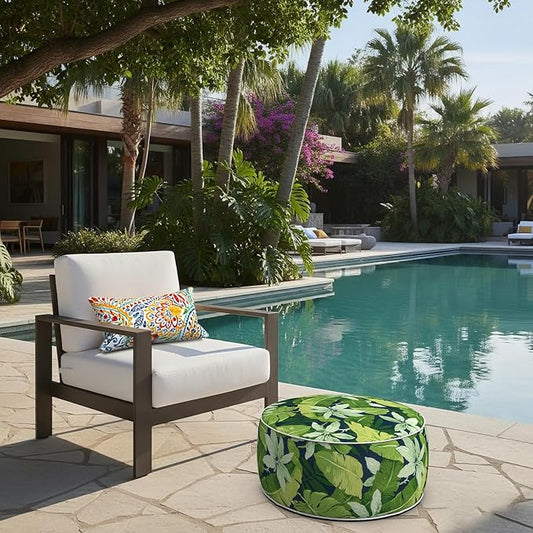 LVTXIII Indoor/Outdoor Inflatable Ottoman with Handle D21 x H9 Inch, Weather-Resistant Round Footstool Pouf for Patio Camping Living Room, Portable Footrest Extra Seating, Jungle Leaves