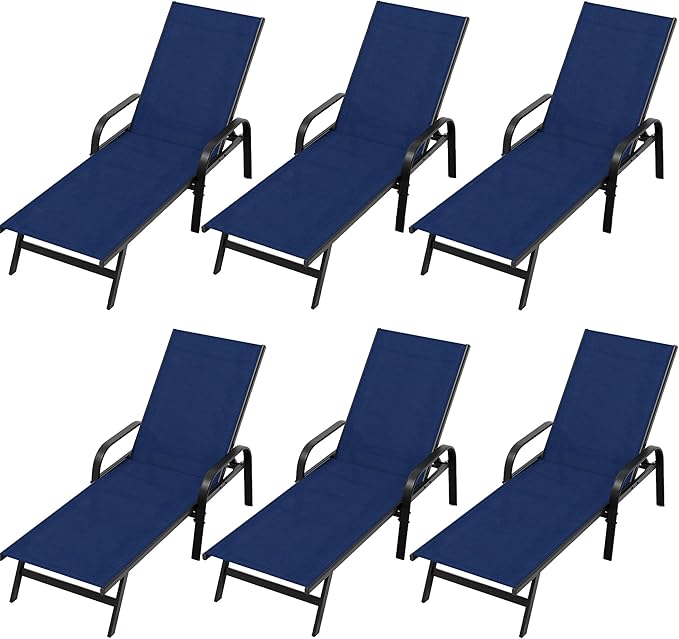 Outdoor Lounge Chair, Adjustable Patio Reclining Chaise with Textilene Fabric, Pool Lounge Chair with 5-Position Backrest for Patio, Garden, Poolside & Balcony,Navy Blue Set of 6