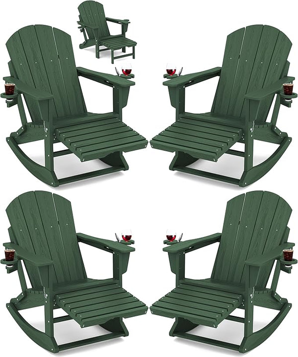 KINGYES Adirondack Rocking Chair Set of 4 with Retractable Ottoman and Cup Holders - Photo 1