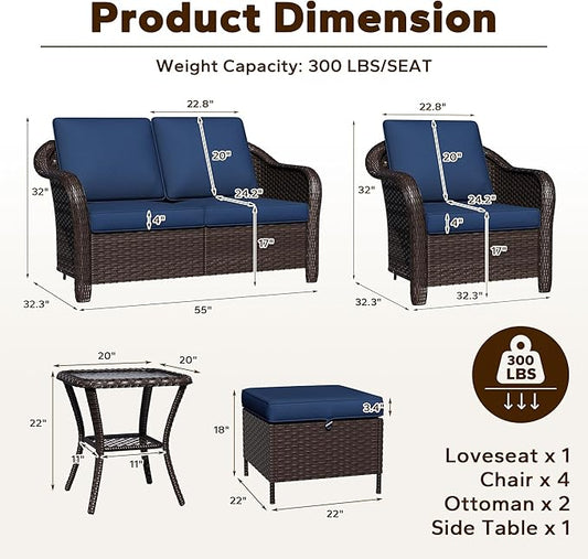 8 Piece Patio Wicker Conversation Set, All-Weather Use Outdoor Wicker Loveseat with 2 PE Rattan Ottomans,4 Chair, 1 Side Table, Ideal for Porch, Backyard, Balcony, Poolside, Blue
