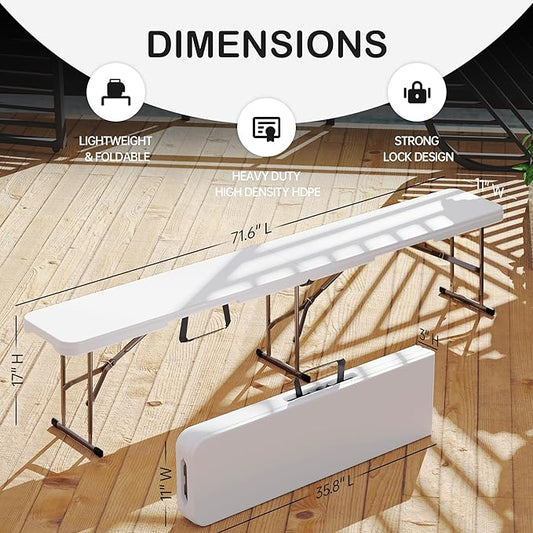 6 Foot Folding Bench, Portable Plastic Folding Bench Seat, Foldable Seat for Indoor Outdoor Picnic Camping Dining, Soccer Garden Multipurpose Entertaining Activities, White, 2 Pack