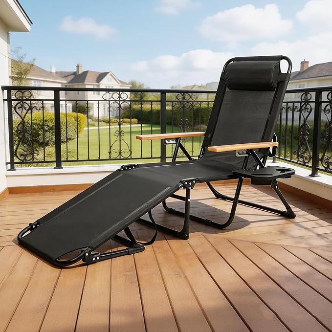 Outdoor Chaise Lounge Chair with 4-Position Adjustable Backrest, Patio Folding Sun Tanning Chair, Pillow & Cup Holder, Portable Recliner Sunbathing Lounger Chairs for Pool Beach Lawn Garden (Black)