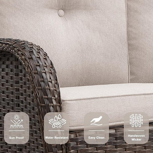 Belord Outdoor Patio Furniture - Wicker Sofa with Removable Cushion, 3 Seater Rattan Couch with Deep Seat, High Backrest, All-Weather for Balcony, Deck, Backyard, Brown/Beige