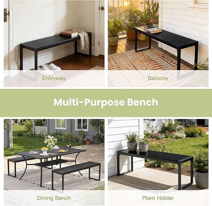 53" Outdoor Bench, 2 Pieces Patio Backless Garden Bench with Metal Frame & Faux Wood Seat for Porch, Entryway, Lawn, Backyard, Black