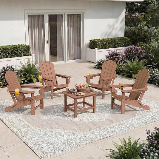 Mdeam 3-Position Adjustable Adirondack Chairs Set of 4, 400LBS Capacity, Cup Holder, Wooden Textured, All-Weather HDPE Folding Fire Pit Outdoor Chairs for Poolside Deck Patio Garden Yard Lawn - Teak